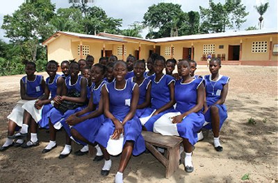 Girls in front of the new Junior Secondary School, constructed with the support of ActionAid. Kono District, Sierra Leone