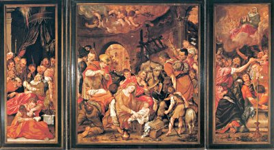 Dirck Barendsz, Drieluik met De aanbidding der herders, Het sterfbed van Maria en De hemelvaart van Maria. op de keerzijden De Verkondiging. Circa 1565